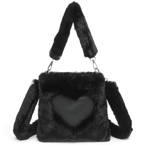 Fluffy Shoulder Bag - Heart Top Handle
