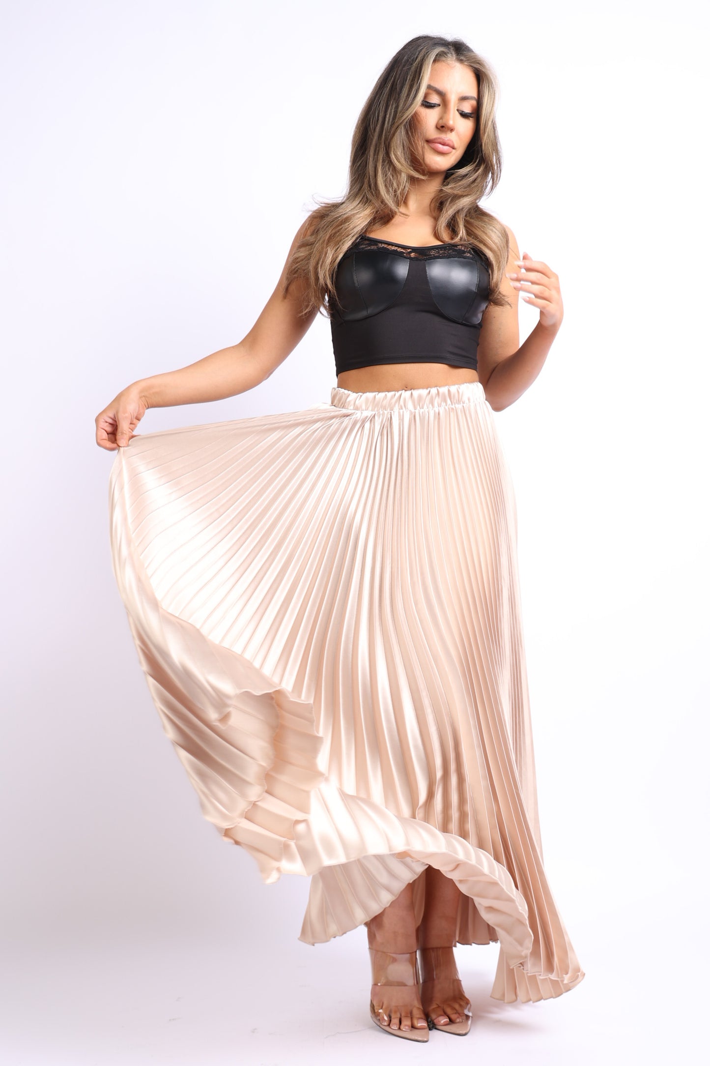 High Waist A-Line Pleated Satin Maxi - TAUPE