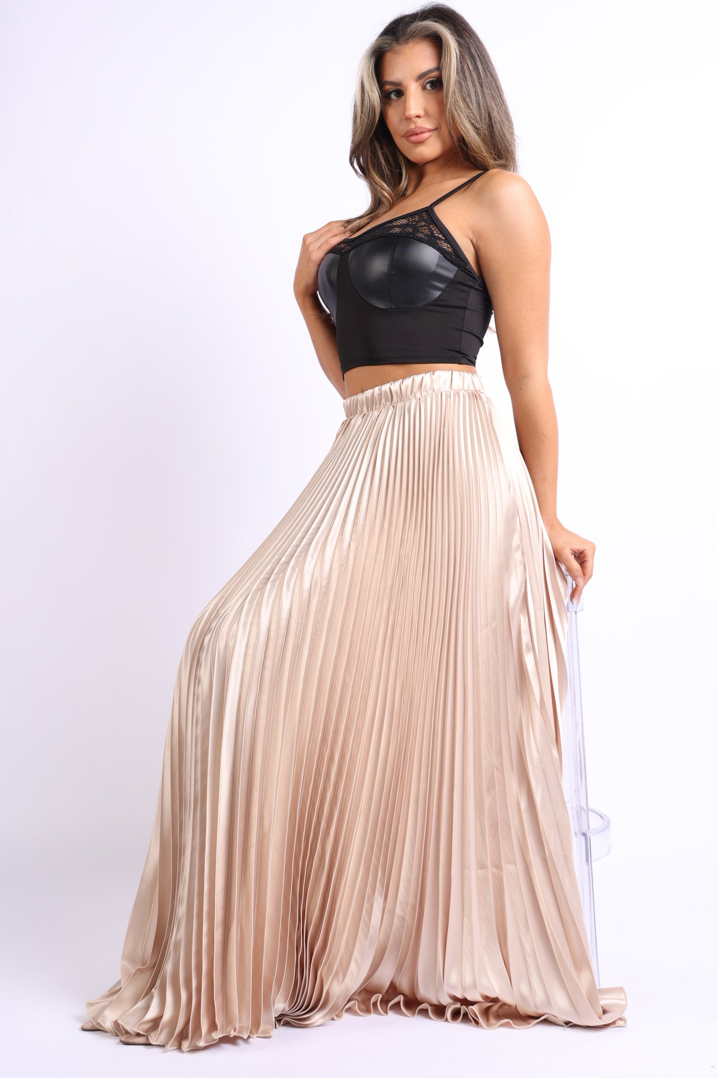 High Waist A-Line Pleated Satin Maxi - TAUPE