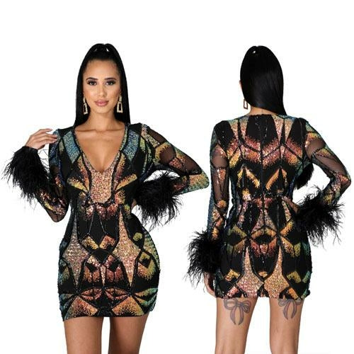 High Quality Feather Sequin Body Con Dress Sexy Deep V Neck Glam
