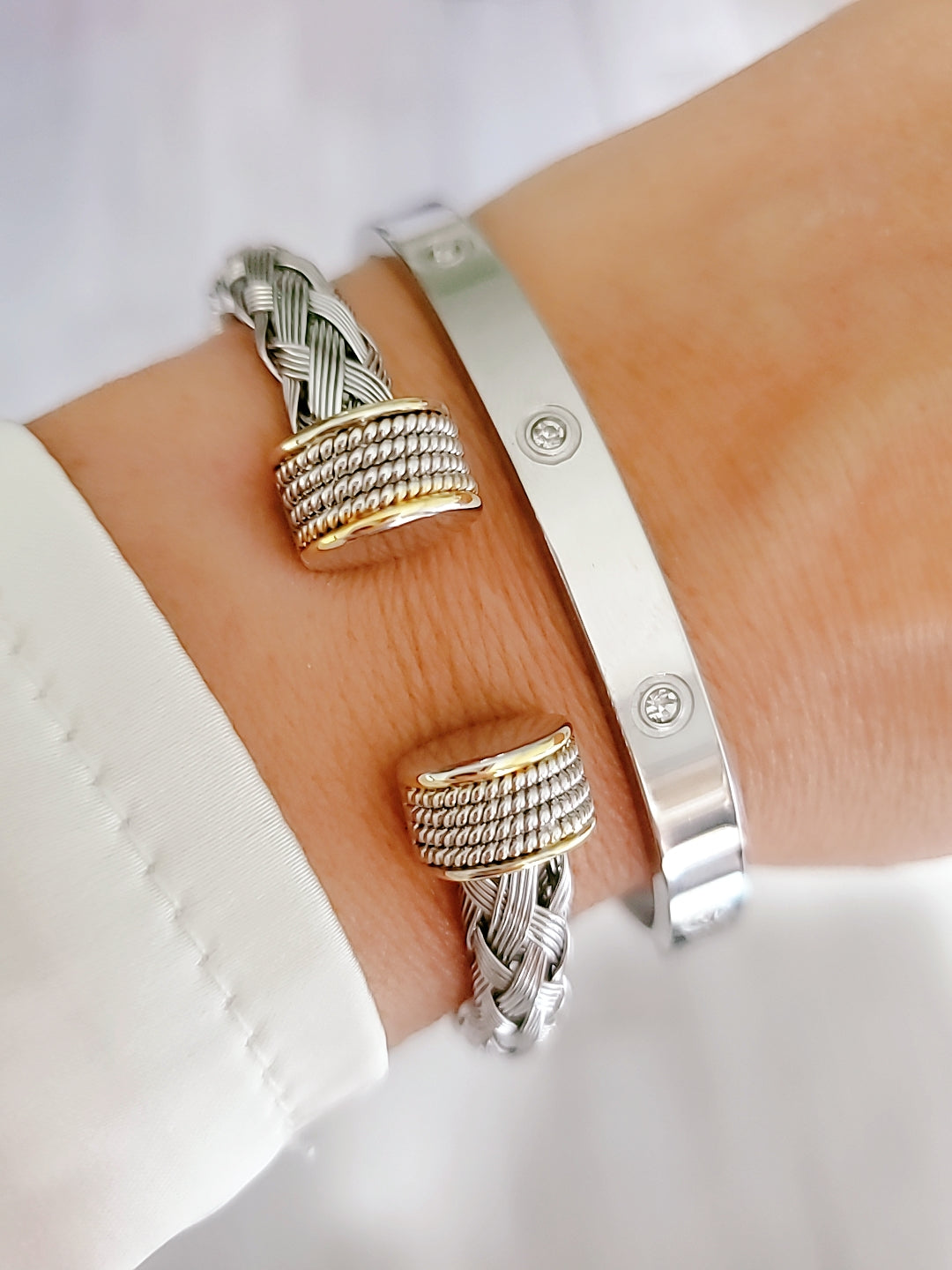 Braided Silver Cable Bangle Bracelet