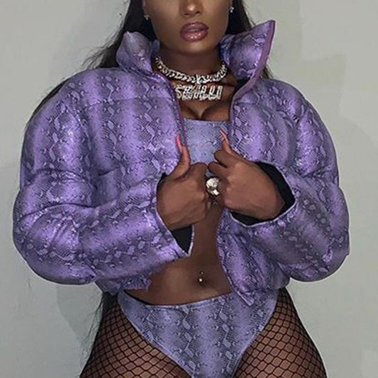 Long sleeve purple animal print jacket coat Women zipper