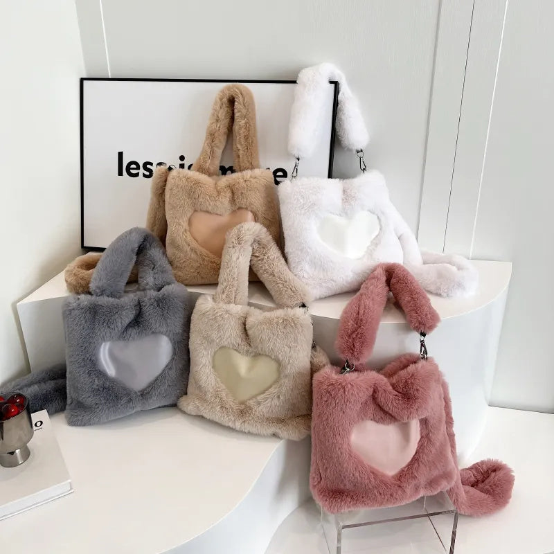 Fluffy Shoulder Bag - Heart Top Handle