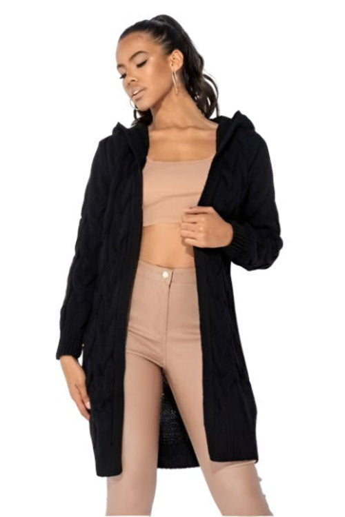 Cable Knit Hooded Midi Cardigan