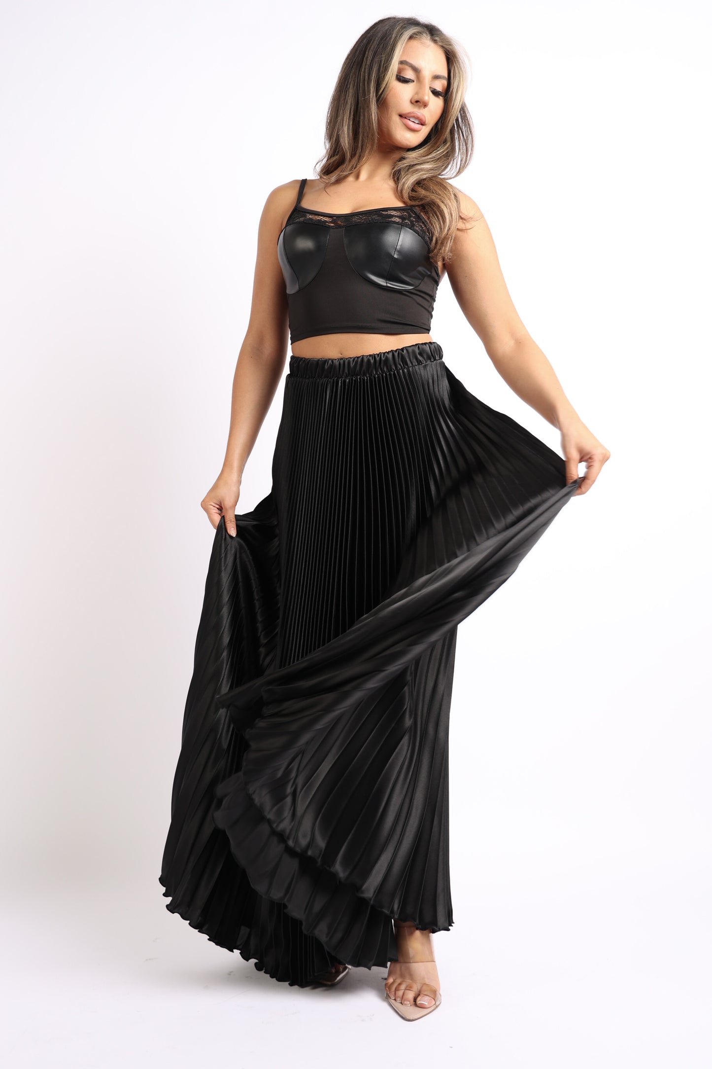 High Waist A-Line Pleated Satin Maxi Skirt - Black
