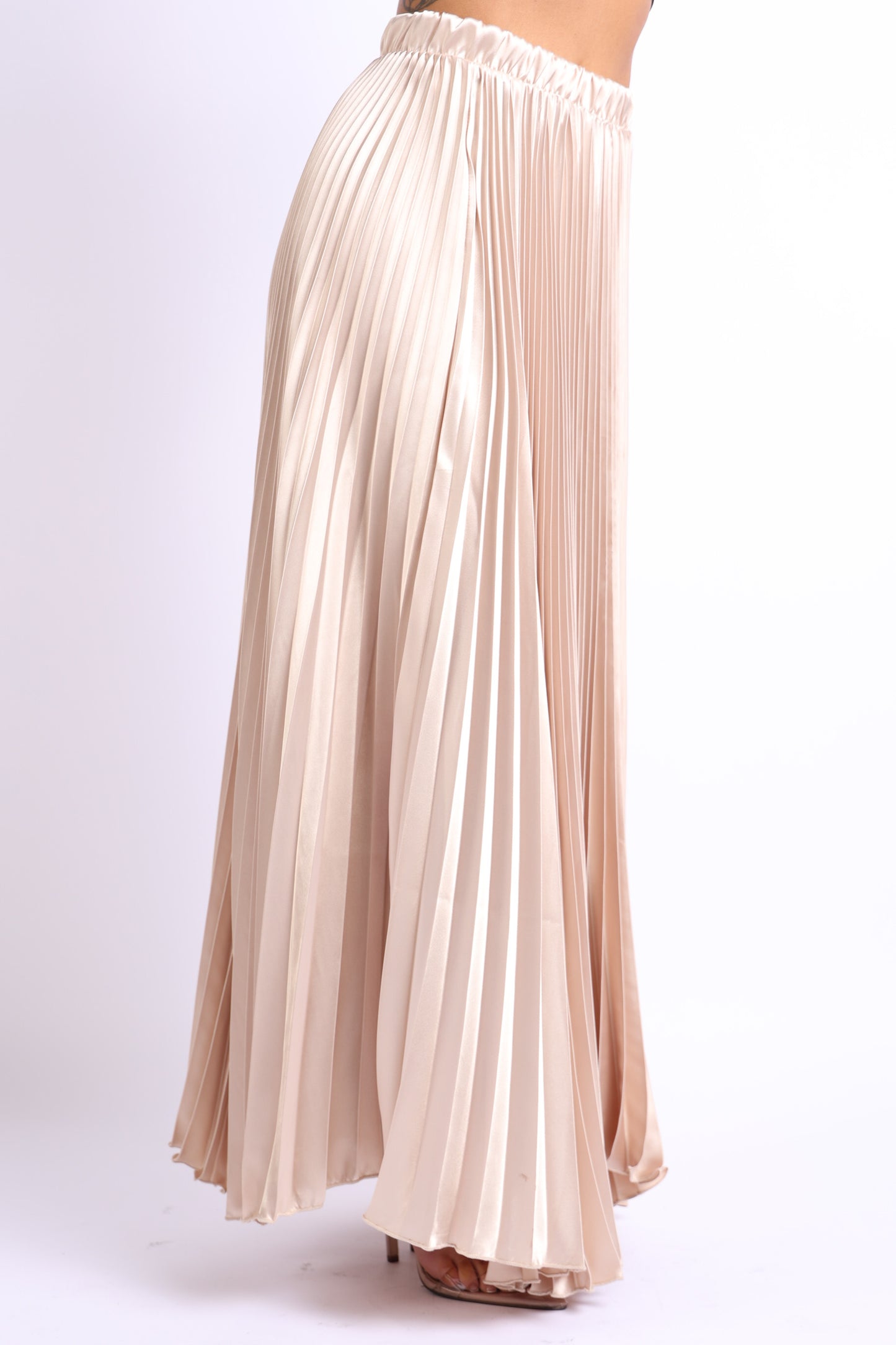 High Waist A-Line Pleated Satin Maxi -  TAUPE