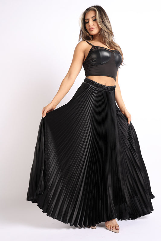 High Waist A-Line Pleated Satin Maxi Skirt - Black