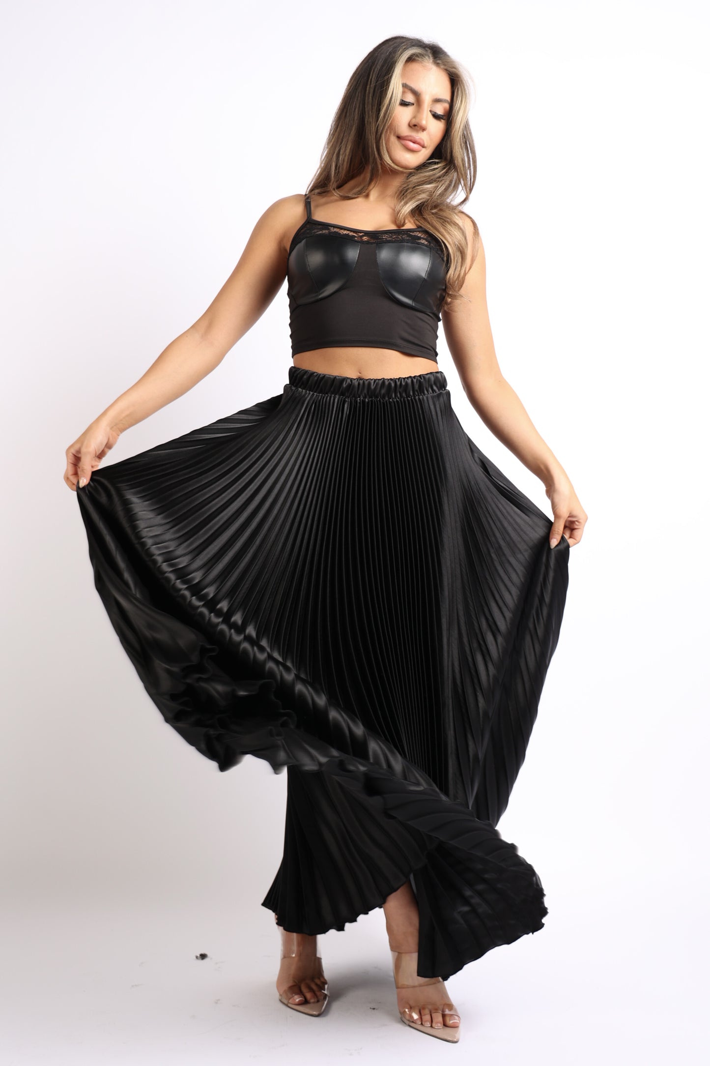 High Waist A-Line Pleated Satin Maxi Skirt - Black