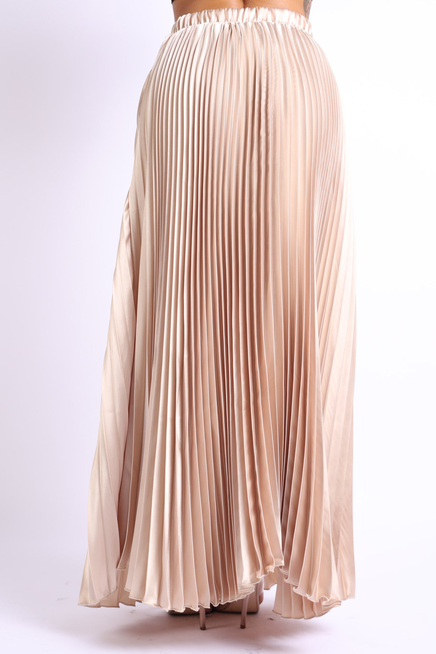 High Waist A-Line Pleated Satin Maxi -  TAUPE