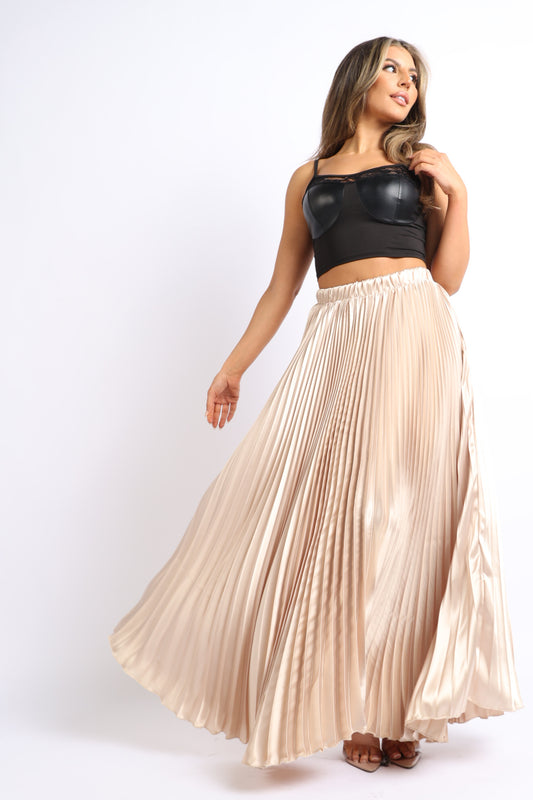 High Waist A-Line Pleated Satin Maxi -  TAUPE