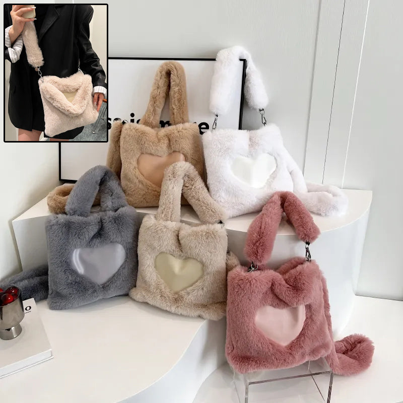 Fluffy Shoulder Bag - Heart Top Handle