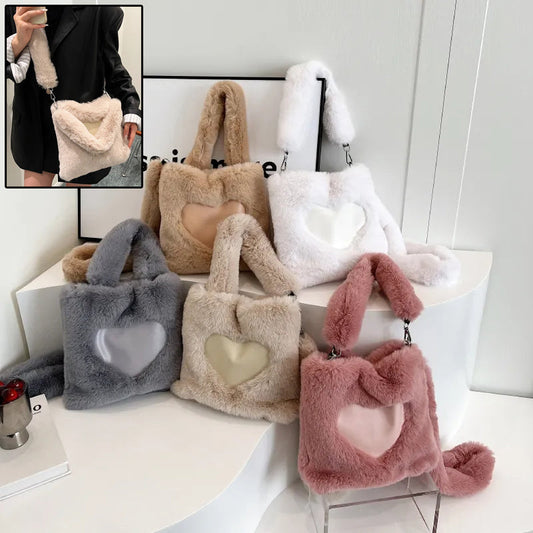 Fluffy Shoulder Bag - Heart Top Handle