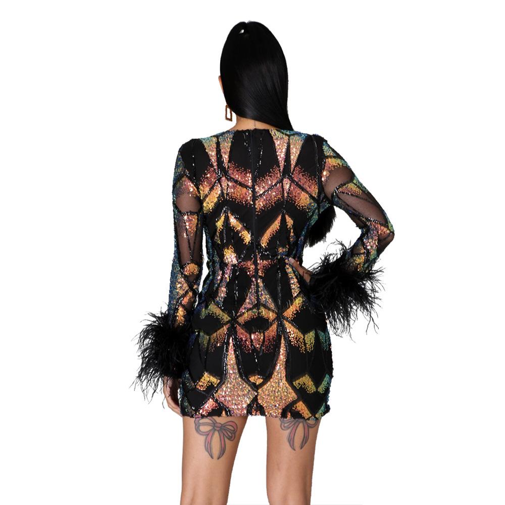 High Quality Feather Sequin Body Con Dress Sexy Deep V Neck Glam