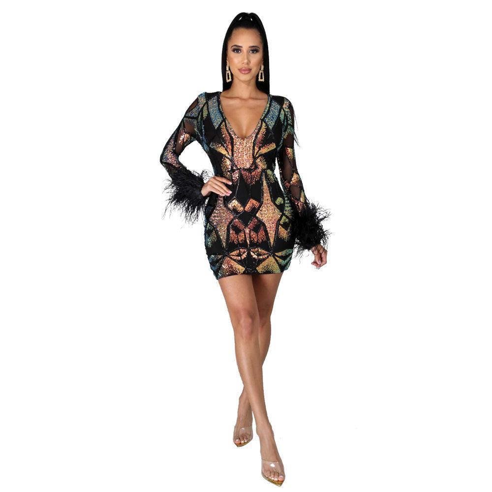 High Quality Feather Sequin Body Con Dress Sexy Deep V Neck Glam