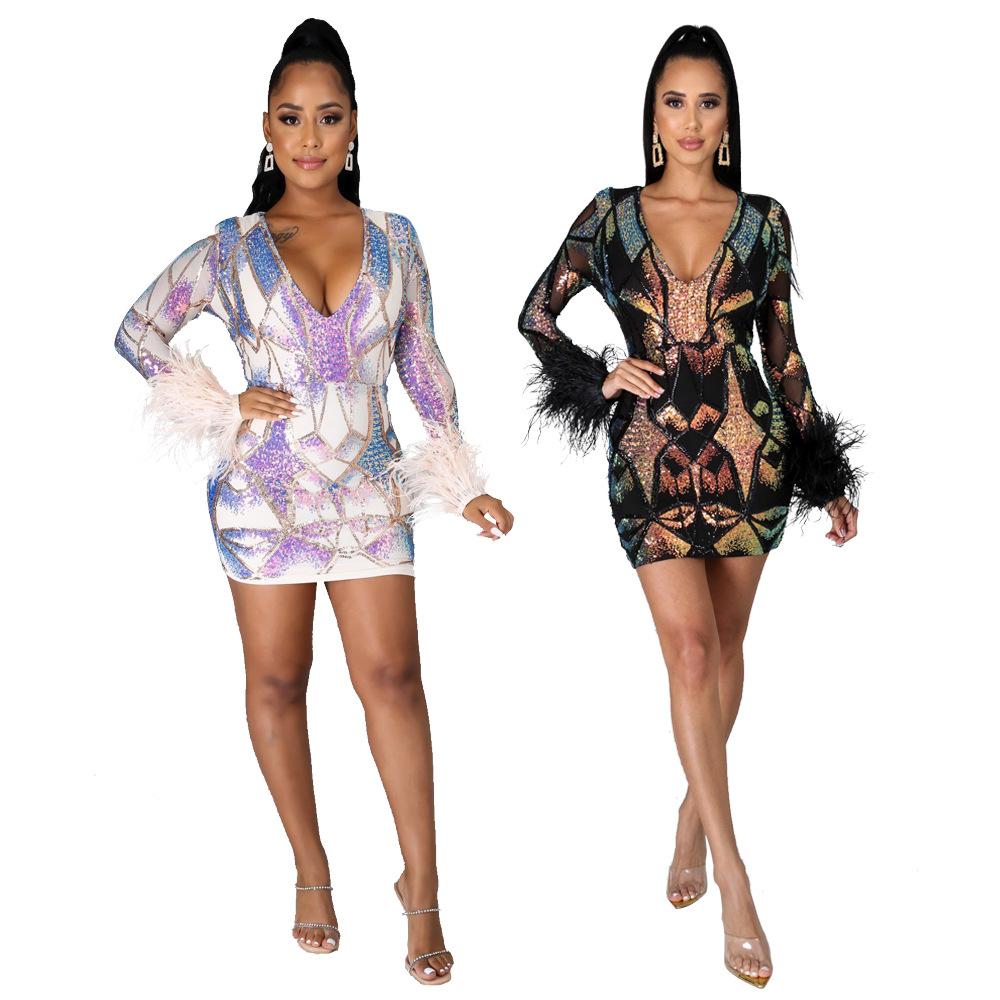 High Quality Feather Sequin Body Con Dress Sexy Deep V Neck Glam