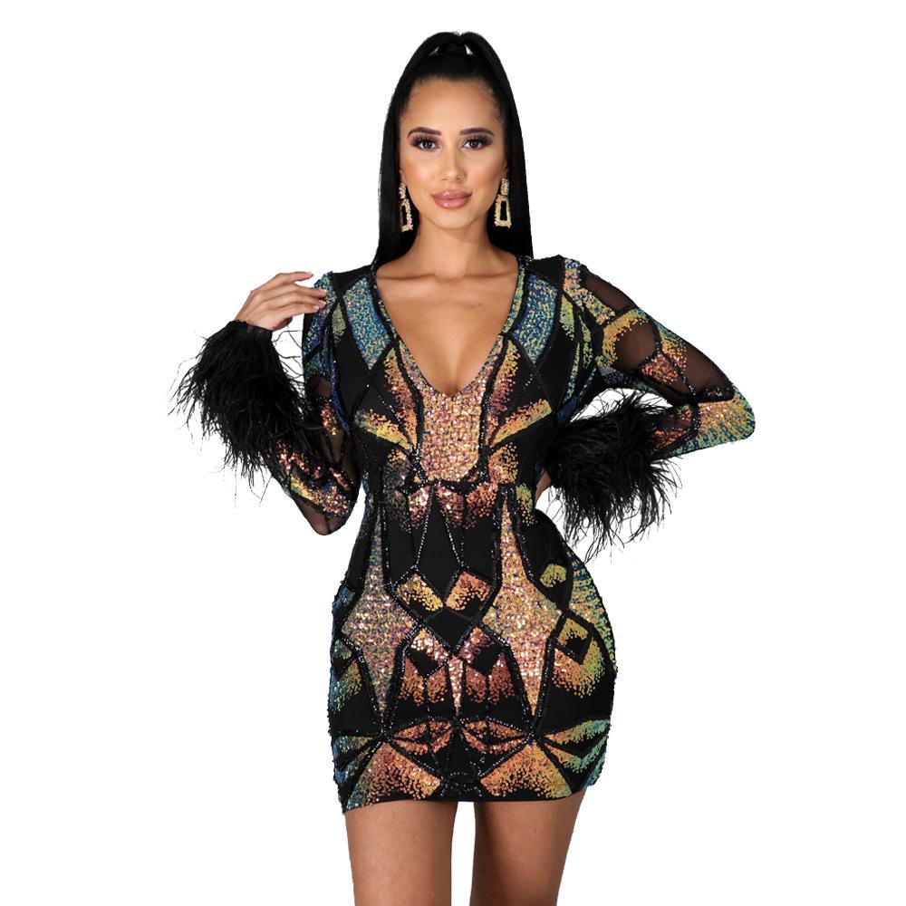 High Quality Feather Sequin Body Con Dress Sexy Deep V Neck Glam